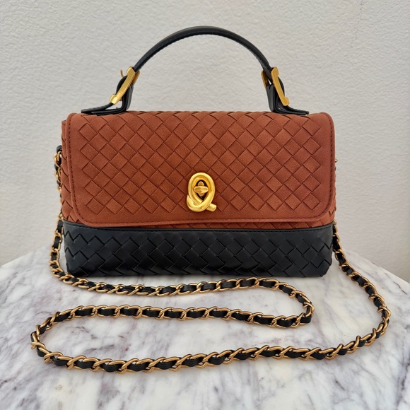 No Brand Handbags - Brown Black Two-Tone Woven Leather Top Handle Crossbody Chain Strap Bag